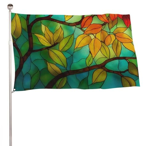 Grüne Blätter, gelb, blau, rot, Buntglas-Flagge, 90 x 150 cm, Dekoration für Innenhof, Veranda, Rasen, Bauernhaus