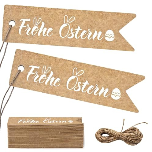 50 Stück Geschenkanhänger Frohe Ostern, Papieranhänger | Frohe Ostern“ mit 10m Seil, Kraftpapier Etiketten, Handgefertigt, Geschenkanhänger für Ostern Geschenke