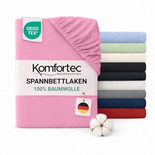 Komfortec Spannbettlaken 140x200 Baumwolle Jersey Bettlaken, Oeko-Tex Zertifiziert für Boxspring, Topper, Rundumgummi für Perfekte Passform, Weich & Atmungsaktiv, Pflegeleicht & Formstabil, Pink