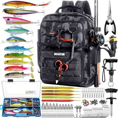 BOGTIM Fishing Backpack with Tackle Boxes and Rod Holders, Fishing Bag with Fishing Lure Kit Water-resistant Sling Tackle Bag Store Gear and Equipment, Bait Gifts for Men Woman Anglers-Camo Backpack