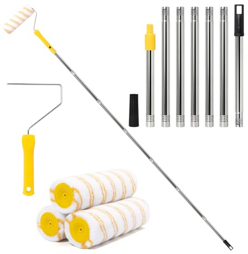 2.1M Paint Roller Extension Pole Extendable Paint Roller with Removable Handles Thickened Stainless Long Handled Painting Brush with 3 Pack Rollers for Wall, Ceiling, Mural and Home Painting