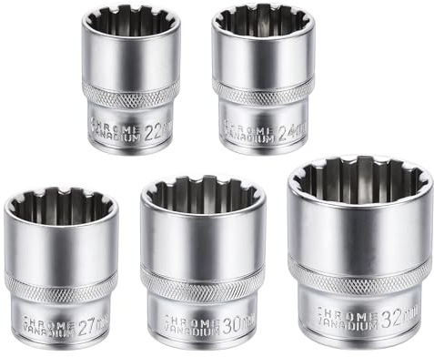 sourcing map 5pcs 12 Points Socket 1/2 Drive 22/24/27/30/32mm | Metric Shallow Socket 1.8/46mm L CR-V Steel Nickel Plating for Home Auto Nuts Bolts Repair