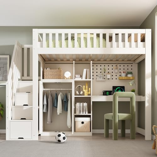 NNJN Weißes Kinder Hochbett 90x200cm mit Schreibtisch, Leiterschrank & Kleiderschrank, offene Regale, USB/USB‑C Anschlüsse, Lattenrost, platzsparende All‑in‑One Lösung, ohne Matratze
