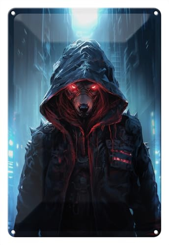 Wallario Blechschild Wandbild aus Metall Dunkler Cyberwolf - 20 x 30 cm in Premium-Qualität: Brillante Farben