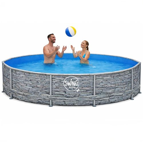 HAF Piscina rotonda con telaio oscillante effetto pietra (Ø 305 cm, profondità 76 cm) – Piscina da giardino con 4.500 litri – Resistente, resistente ai raggi UV e alla corrosione