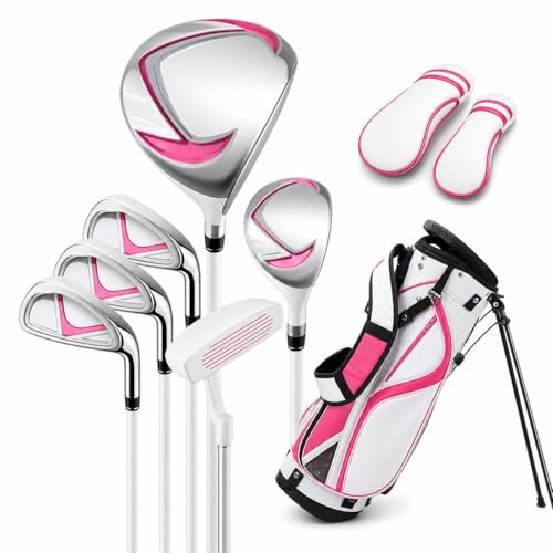 SZLIFE Set Golf Junior con Sacca, 6 Mazze da Golf Bambini per destrimani 95-115cm, in fibra di carbonio, per principianti, Bianco e Rosa