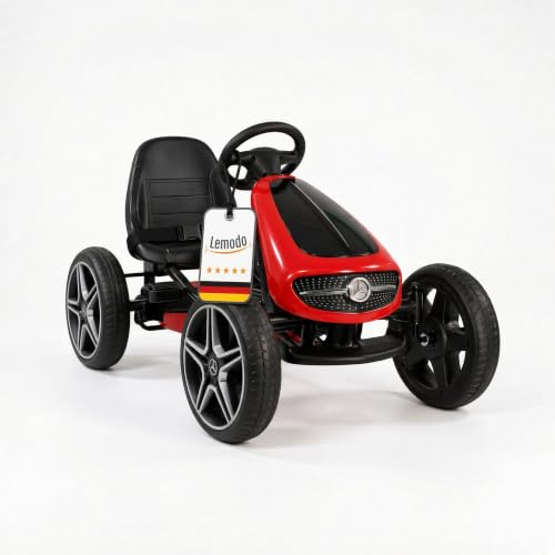 Lemodo Mercedes Go-Kart Kinder, Pedalantrieb (Mercedes rot) | Tretfahrzeug für Kinder von 3–8 Jahren, Bremse, Sound-Lenkrad, Stahlrohrrahmen, erhältlich in Schwarz, Weiß oder Rot