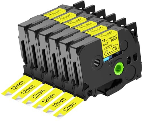 NineLeaf 6 x Kompatibel für Brother P-touch bänder 12mm TZe-631 TZe631 TZ-631 AZe-631 TZE Schwarz auf Gelb Laminiert TZe 0.47 Schriftband für Brother Ptouch H105 H107B H100LB H108 D210 D400 1000 1280