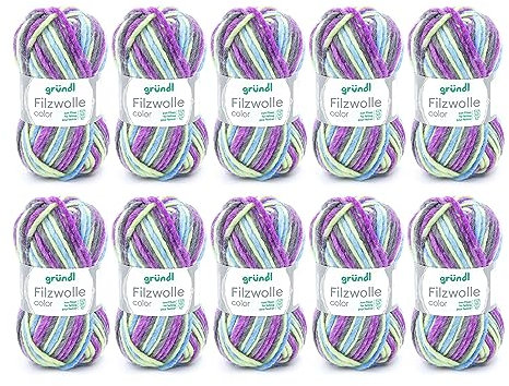 Gründl Wolle Filzwolle color - Dicke Wolle zum Filzen in der Waschmaschine - Strickgarn zum Filzen - Weich und hautfreundlich - 100 % Schurwolle - 10 Knäuel 50 g /50 m -Nadelstärke 8-9 - lila-grün