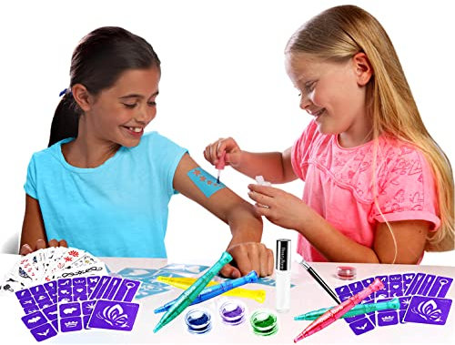 Coo11 Temporary Glitter Tattoos Kit Girls Set With Dye Color Glittering Shadow, Water Base Non Toxic Creative Kids, Fun Arts & Crafts