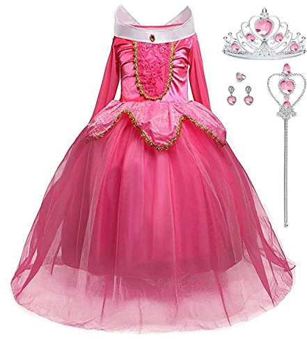 LiUiMiY Costumi Bambina Principessa Vestito Carnevale Lunga Manica Tulle Diadema Cosplay Festa Nuziale Compleanno Carnevale Abito per Ragazze, rosa, 98-104 (etichetta 100)