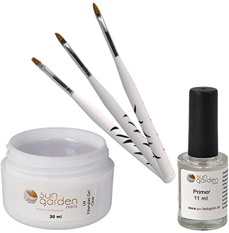 Sun Garden Nails Fiberglas Gel KLAR 30 ml inkl. PRIMER und 3 tlg. PINSELSET Aufbaugel für Gelnägel Nagelgel Set zur Nagelverlängerung Buildergel