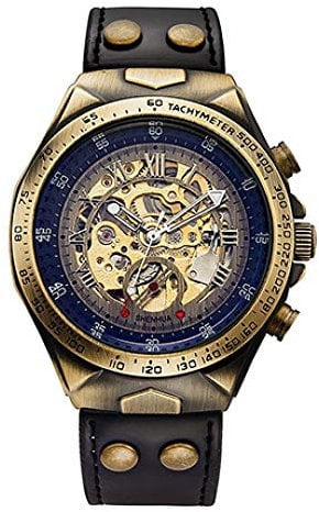 Armbanduhren,Motorrad Design Transparent Echt Bronze Gürtel Wasserdicht Skeleton Herren Automatikuhren, Schwarz