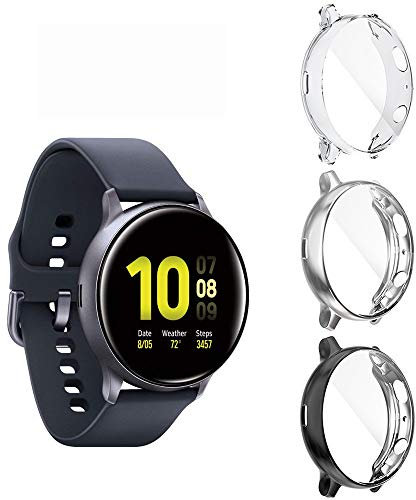Diruite 3-Pack for Samsung Galaxy Watch Active 2 40mm Screen Protector Case, Soft Plated TPU All-Around Protective Bumper Cover Case for Samsung Active2 40mm (Not Fit for 44mm)-Clear+Silver+Black