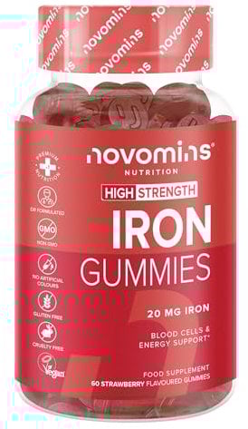 Gommes Fer – 20 mg Fumarate Ferreux + 24 mg Vitamine C – Fatigue, Immunité & Énergie – Végétalien, Sans Sucre & Sans Gluten – 60 Gommes Saveur Fraise – Novomins