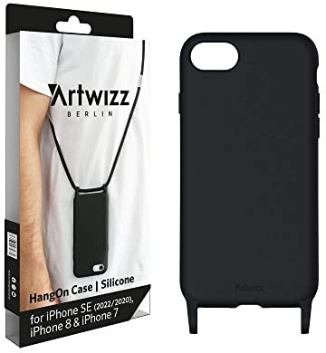 Artwizz HangOn Case kompatibel für iPhone SE (2022/2020) / 8/7 - Elastische Schutzhülle aus Silikon als Handykette zum Umhängen mit Band - Schwarz