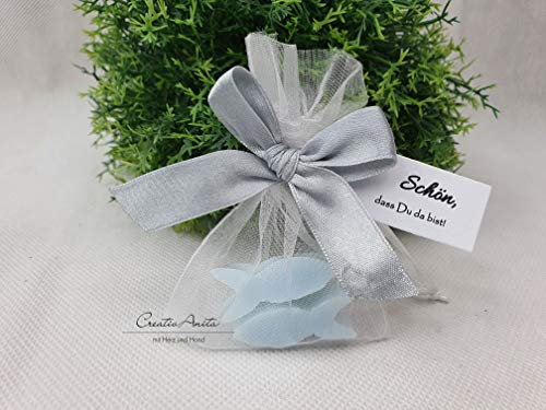 1 Stück - Gastgeschenk 2 Seifen Fische VERGISSMEINNICHT - Hellblau in Organza - Schleife Silber-Grau - GiveAway - Florex Schafmilchseife