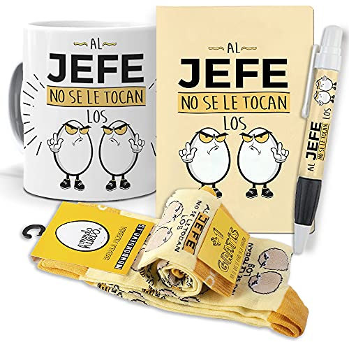 Super Regalo Personalizado para Jefes. Al Jefe no se le tocan los Huevos. Taza, libreta, boli y Trio de Calcetines