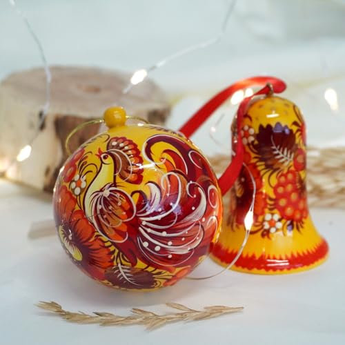 Weihnachtsglocke und Weihnachtskugel Floraler Christbaumschmuck Set aus Holz - Glocke 6.5 und Christbaumkugel 7 cm Handbemalt mit Blumenmuster, Kugel lässt sich öffnen, Folk Art