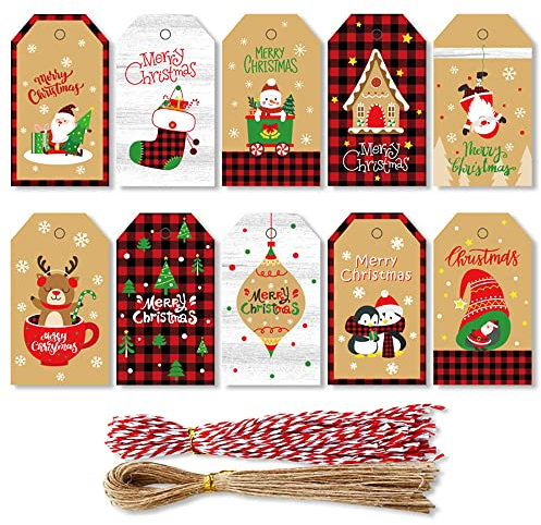 100 etiquetas de regalo con 10 diseños, etiquetas navideñas con hilo de yute y algodón para envolver regalos y decorar el árbol