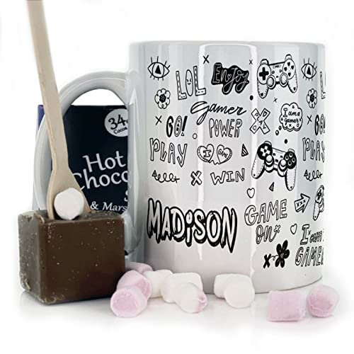 Personalised Mug and Belgian Milk Chocolate/Hot Chocolate Stirrer Marshmallow Gift Set, Customised with Name / Initials, (11oz) White, Yellow, Blue, Black, Pink Mug with Black & White Gaming Design