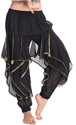 Leemiman Bauchtanz-Kostüm für Damen, Haremshose, Tribal-Hose, arabisch, Halloween-Hose mit goldfarbenem Rand, Schwarz , L