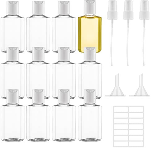 Ysimple 12 Piezas Botellas de Viaje,Botes Viaje Rellenables 60ml,Botes de Viaje Avion Plastico con 3 Aspersores y 2 Embudo Pequeño,1 Etiqueta Adhesiva,para Champú,Loción,Cosméticos,Gel de Ducha
