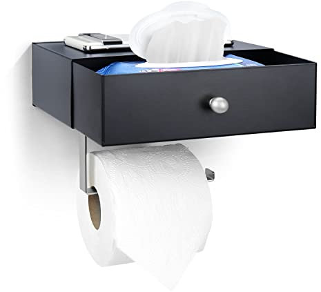 Toilettenpapierhalter mit Ablage – Spülbarer Tücherspender & Aufbewahrung passt in jedes Badezimmer, halten Sie Ihre Feuchttücher versteckt – EdelstahlWandhalterung, BadezimmerOrganizer (schwarz +