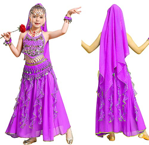 FORMIZON Bauchtanz Set für Kinder, 6-Teiliges Damen Professionel Bauchtanz Kostüm kit, Bauchtanz Kostuem Kinder Tanzkleid Karneval Kostüme Komplet Dancewear, Belly Dance Bauchtanz Kostüm (Lila, S)