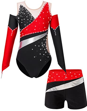 Aislor 2 Teiliger Gymnastikanzug Mädchen Glitzer Turnanzug Langarm Tanzbody mit Shorts Strass Tanzanzug Ballettkleidung Dancewear Rot 158-164