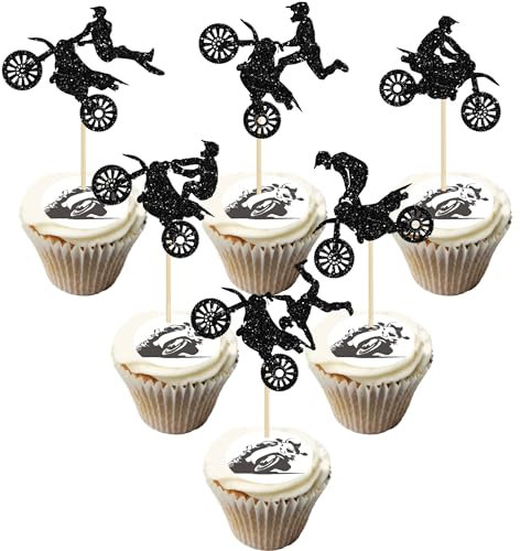 Gyufise 24Pcs Motorcycle Cupcake Toppers Black Glitter Motocross Dirt Bike Party Cupcake Picks for Sports Motocross Theme Man Boy Birthday Party Cake Decorations Supplies