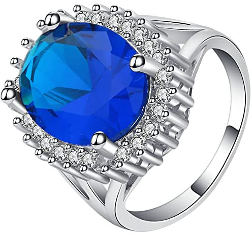 Whoiy Ringe Frauen Aquamarin, Damenring Freundschaft Silber Blau Eheringe Blume mit Ovalem Blauen Zirkonia 54 (17.2) Verlobungsring für Frauen
