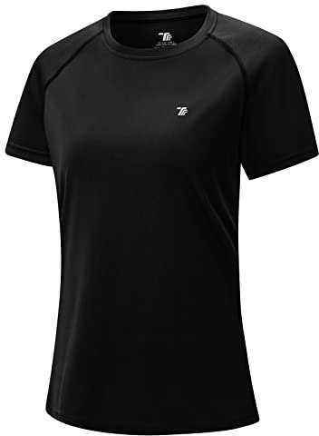 donhobo T-Shirts für Damen Sportshirt Kurzarm mit Reflexstreifen Leicht Atmungsaktiv Stretch Funktionsshirt Rundhals Tshirt Schnelltrocknend Laufshirt (Schwarz, XL)