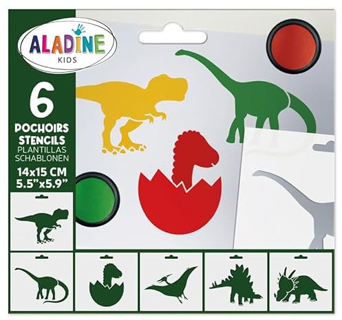 Aladine - 6 Schablonen für Kinder, Dinosaurier, 15 x 12,5 cm, für Dekoration aller Oberflächen – Schablone aus Filz, Malerei, Airbrush – Zeichnung A4
