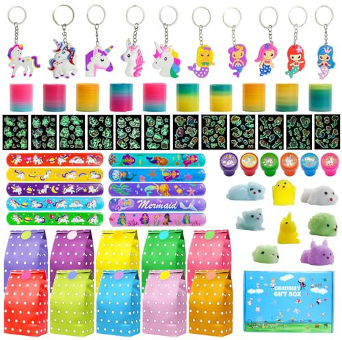 Liangding Gadget Unicorno Compleanno Bambina, Festa di Compleanno Regalo Ragazza Gadget Sirena, Include Borse Regalo, Bambini Bracciali Giocattoli Molle, Portachiavi Timbri Tatuaggi Temporanei
