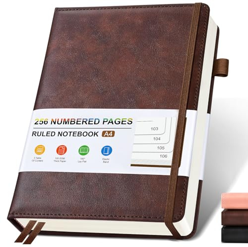 Liniertes Leder-Tagebuch für Männer und Frauen, Hardcover-Tagebücher mit 256 nummerierten Seiten, A4-Tagebuch-Notizbücher zum Schreiben, 100 g/m² dickes, liniertes Papier für Business, Arbeit, Schule,