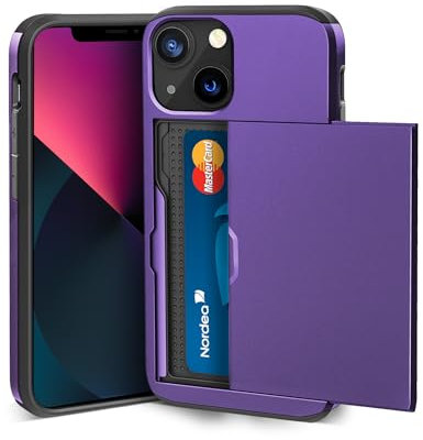 ACOCOBUY for iPhone 13 Case with Card Holder Sliding Cover Hidden Pocket IDs Credit Cards Slot Heavy Duty Shockproof Protective Dual Layer Wallet Phone Cover Back Shell for Men Women 6.1 inch Purple