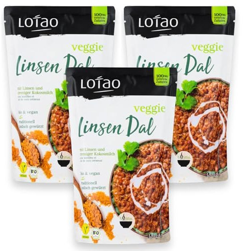 LOTAO Veggie Linsen Dal 3x320g Set Vegane Fertiggerichte | BIO-Gerichte ohne Zusätze und Soja | Schnell und praktisch: Fertigessen für Mikrowelle und Pfanne | Vegane Lebensmittel für jeden Tag