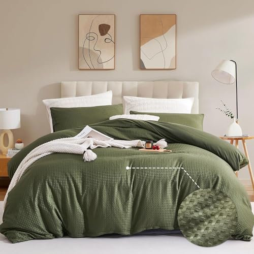 Lanqinglv Bettwäsche 200x200cm Olivgrün Grün Waffeloptik Waffle Handstricken Stickerei Kariert Wendebettwäsche Set aus Mikrofaser,Bettbezug und 2 Kissenbezug 80x80cm mit Reißverschluss