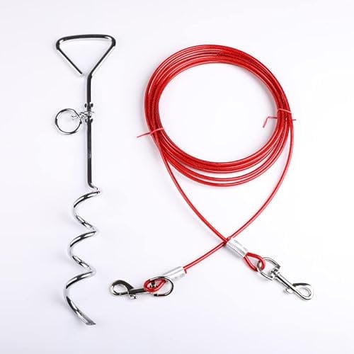 Spiral Heavy Duty Ground Spike Stake (40cm/16.14) with Outdoor Dog Camping Tie Out (3m, Red) Dog Tie Out Cable and Stake for Dogs, Out for Outdoor Yard and Camping