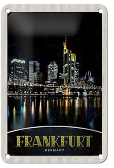Femer Blechschild Reise 12x18cm Frankfurt Deutschland Nacht Brücke Schild