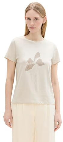 Tom Tailor Damen Basic T-Shirt mit Fotoprint,12365 - Dusty Beige, XXL