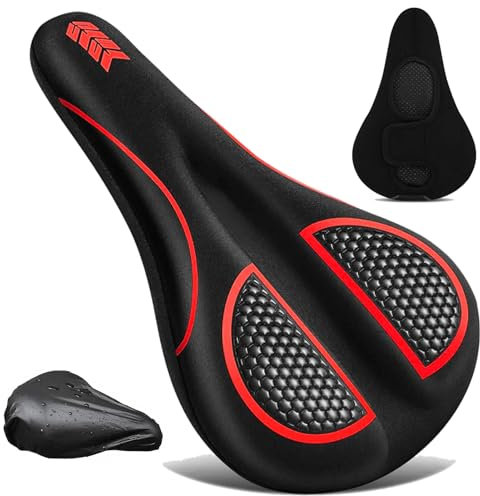 auvstar Fahrradsattel Überzug,Fahrrad Sattelkissen,Ergonomischer Fahrrad Gel Sattelbezug für Damen/Herren,Sattelbezug Fahrrad mit Regenschutz,Fahrrad Gelüberzug Sattelpolster Sattelschutz Weich(Rot)
