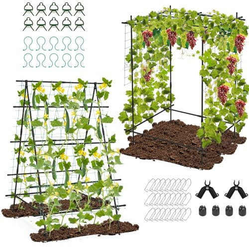 GiantexUK Garden Cucumber Trellis, 41x59Inch A-Frame Plant Support Stand with Adjustable Shape, Netting & Clips, Outdoor Rustproof Climbing Plants Vegetables Flowers Tomato Garden Trellis