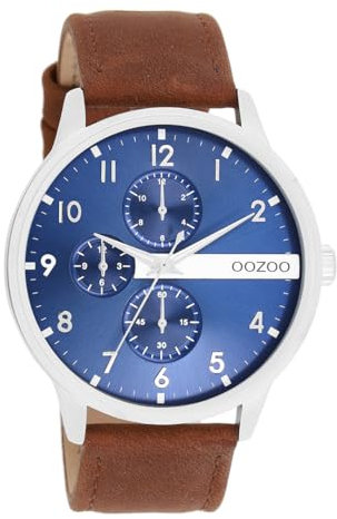 Oozoo Timepieces Herren Uhr in Brown/Blue | Armbanduhr Herren mit Lederarmband | Schöne Uhr für Männer | Edle Analog Herrenuhr (45mm Gehäuse) in rund C11306