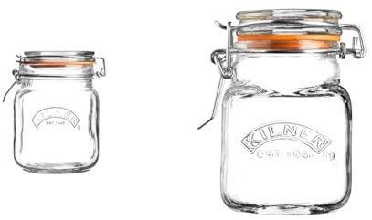 Kilner 1 Litre Square Glass Clip Top Preservation Storage Jar & Clip Top Square Glass Jar - 70 ml, Spice or Herb Jar, Small Preserve Sample Jar