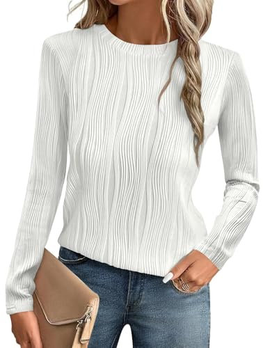 Gemulate Plus Size Sexy Long Sleeve Tops for Woman Trendy Dressy Casual Long Sleeve Crewneck Basic T Shirts Solid Loose Striped Blouses Outfits White XXL