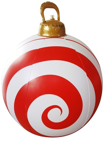 BRTNUP Weihnachten Aufblasbar Ball 60cm Riesen Weihnachtskugeln Große Weihnachtskugeln Ornamente PVC Aufblasbarer Weihnachtsball für Weihnachten Hof Veranda Garten (Rot Weiß B)