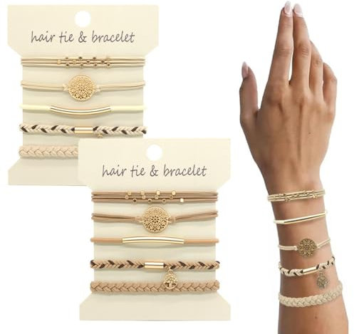 WATEFOER 10 PCS Haargummis Armbänder, Boho-Haargummis für dickes & dünnes Haar, niedliche Stretch-Armbänder, geflochtene Haargummi für Pferdeschwanzhalter, keine Beschädigung (Beige)