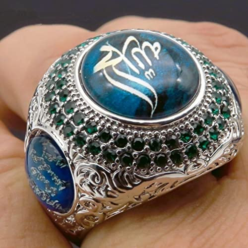 SHOUKAII Neue religiöse Islam Muslim Rune Brief Muster Ring Herren Ring böhmischen grünen Kristall eingelegten Ring Party Schmuck